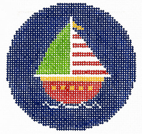 Summer Sailboat Design Handpainted 3" Round Needlepoint canvas Ornament by LEE