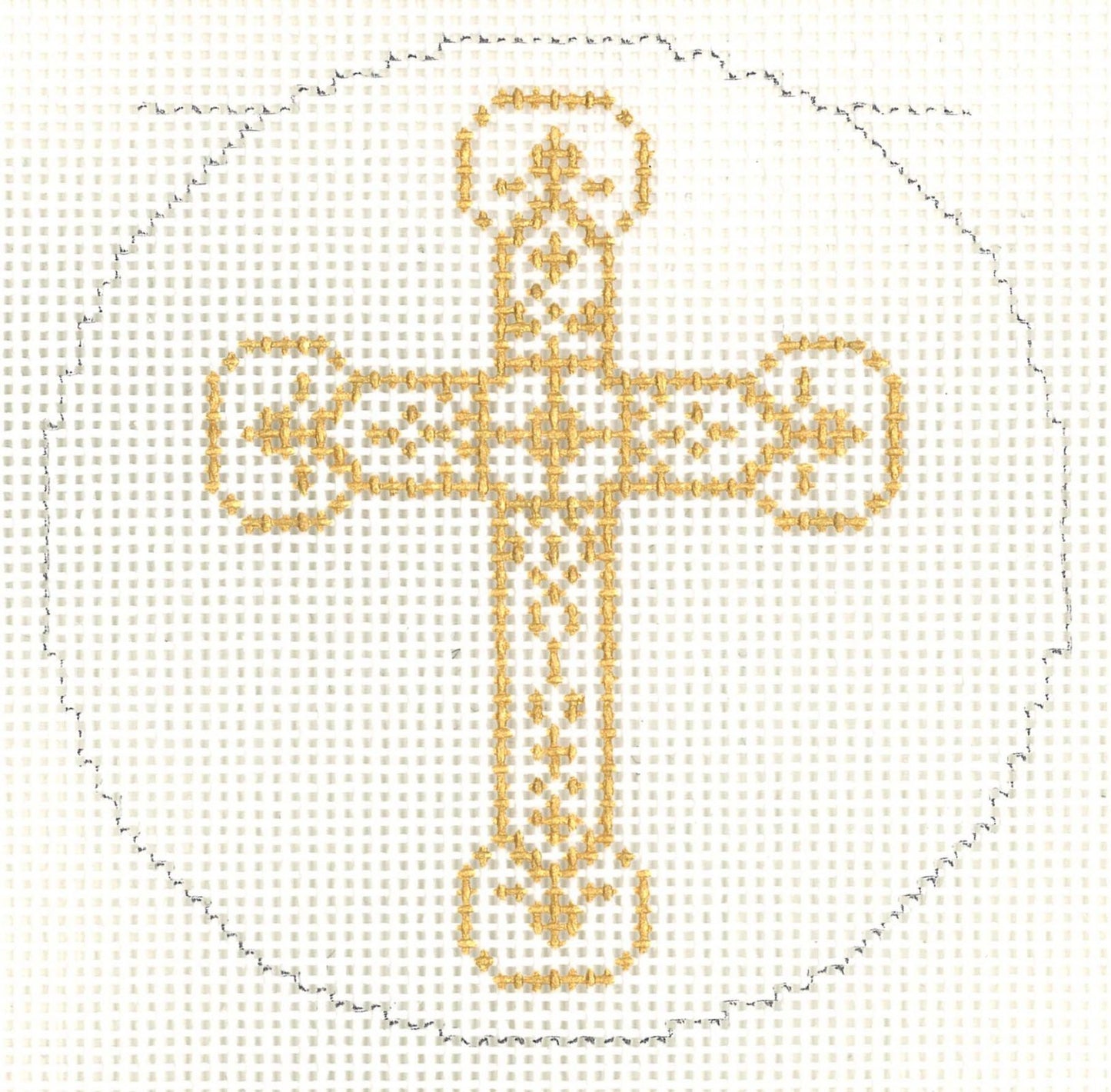 Cross ~ Elegant Gold Ornate CROSS handpainted Needlepoint Canvas 3" Rd. Ornament by LEE