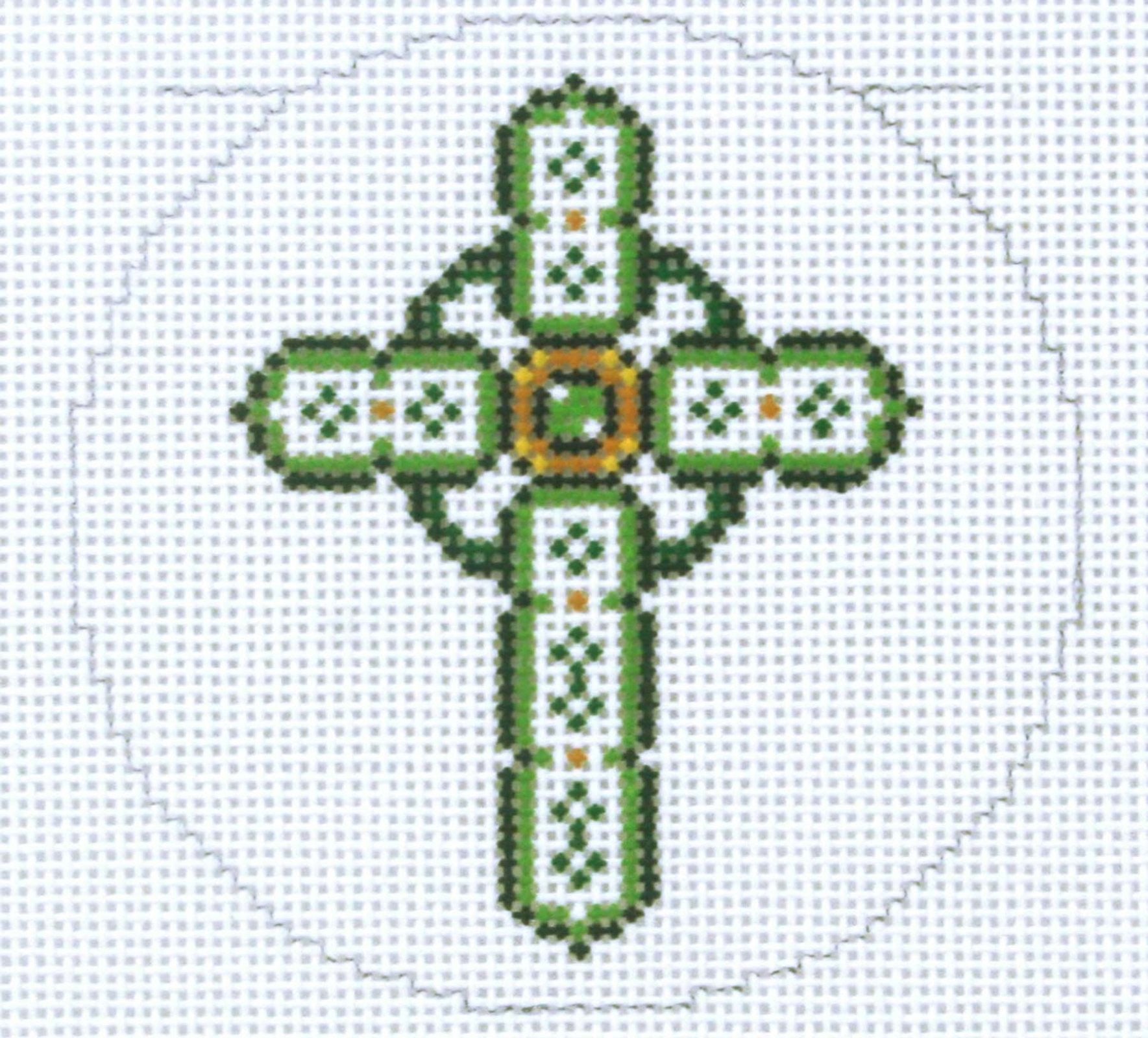 Elegant 7 tall Green Celtic CROSS handpainted 18 mesh Needlepoint Canvas  by LEE