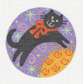 Autumn Cat Round ~ Black Cat Jumping Over the Moon Ornament on 18 Mesh Handpainted Needlepoint Canvas by CH Designs
