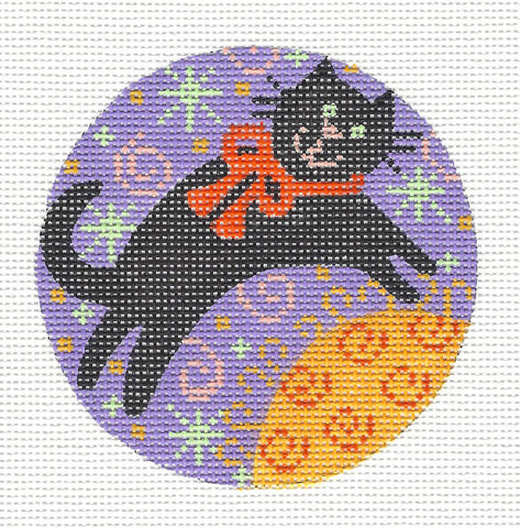 Autumn Cat Round ~ Black Cat Jumping Over the Moon Ornament on Handpainted Needlepoint Canvas by CH Designs