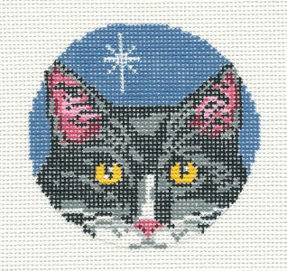 Cat Round ~ Black & White Cat Face 4" Ornament 13 mesh handpainted Needlepoint Canvas by Needle Crossings