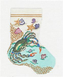 Mini Stocking ~ Blue Crab on the Beach 18 mesh handpainted Needlepoint Ornament Canvas by Needle Crossings