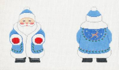 2 Sided ~ Blue Coat & Red Mittens Santa Ornament handpainted Needlepoint Canvas by Susan Roberts