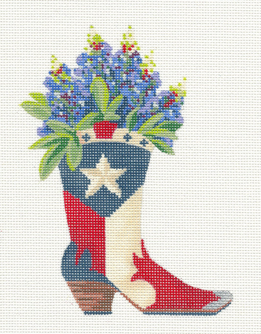 TEXAS ~ Texas Boot With Bluebonnets handpainted Needlepoint Canvas by Kelly Clark
