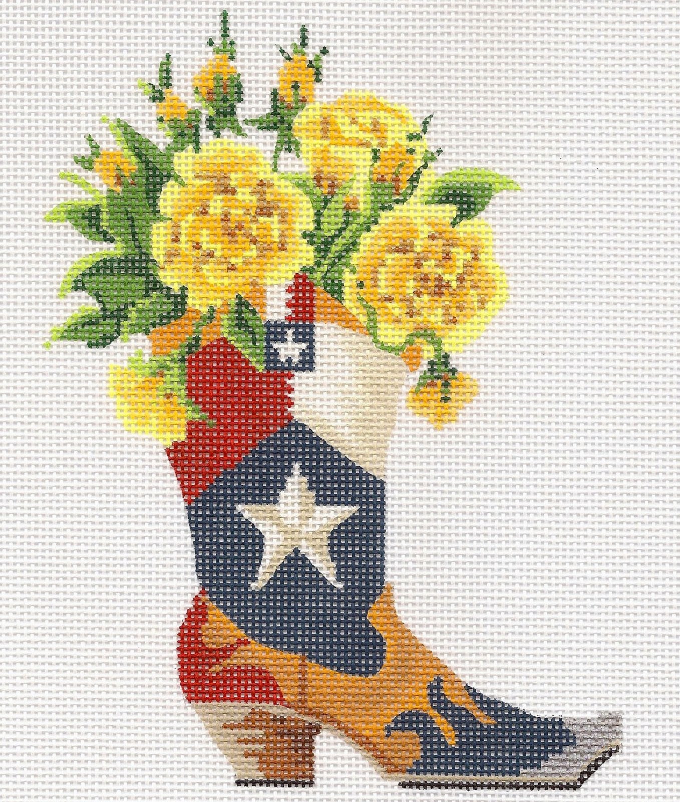 TEXAS ~ Texas Lonestar Boot with Yellow Roses handpainted Needlepoint Canvas by Kelly Clark