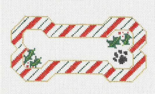 Dog Bone ~ Striped Red & White with Holly Handpainted Needlepoint Canvas Ornament by Danji