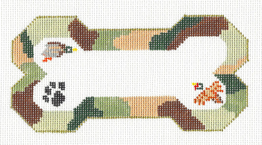 Dog Bone ~ Hunter's Camouflage with Duck & Pheasant handpainted Needlepoint Canvas Ornament