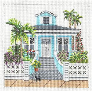 Tropical House ~ Tropical Blue Bungalow House & Cat 6" Sq. handpainted 18 mesh Needlepoint Canvas by Needle Crossings
