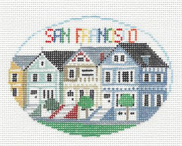 Travel Canvas ~ San Francisco, California handpainted Oval Needlepoint Canvas by Kathy Schenkel