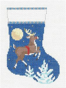 Stocking ~ Flying Reindeer in the Moonlight Mini Stocking Ornament 13mesh Needlepoint Canvas by Susan Roberts