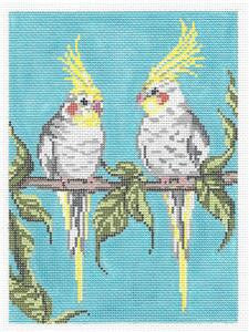 Bird Canvas ~ Two Cockatiels on a Branch handpainted Needlepoint Canvas Needle Crossings