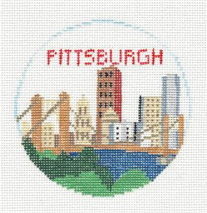 Travel Round ~ Pittsburgh, Pennsylvania handpainted Needlepoint Canvas by Kathy Schenkel