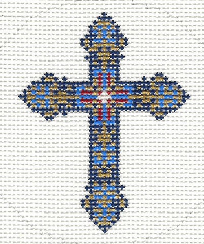 Cross ~ Elegant Blue Ornate CROSS handpainted Needlepoint Canvas 3" Rd. Ornament by LEE