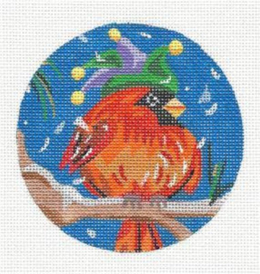 Round ~ Cardinal in Carnival Hat 4" handpainted 18 Mesh Needlepoint Canvas by Kamala from PLD Designs