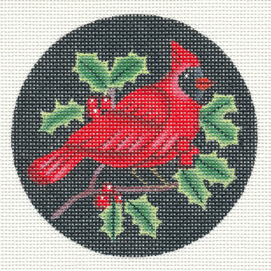 Bird Round ~ Winter Cardinal & Holly handpainted Needlepoint Canvas by Amanda Lawford