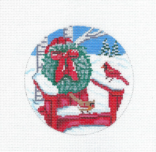 Bird Canvas ~ Cardinals on a Snowy Christmas Chair with Wreath handpainted 18 mesh Needlepoint Canvas Alice Peterson