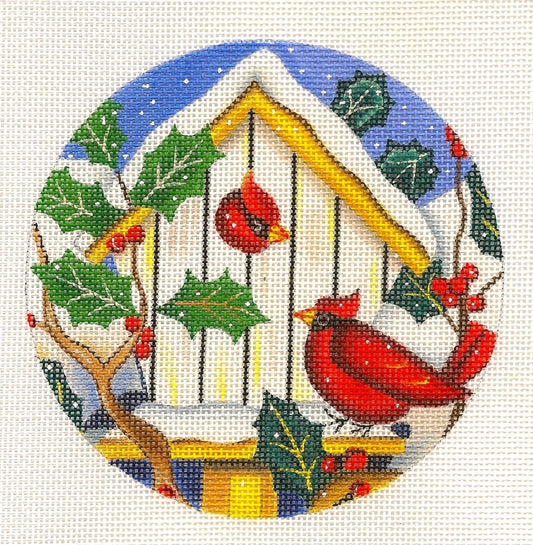 Bird Round ~ Winter Cardinals and Birdhouse on handpainted Needlepoint Canvas by Laurie Korsgaden from Danji