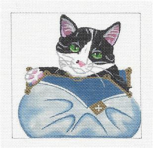 Canvas~Black & White Cat in Purse HP Needlepoint Canvas by Kamala from Juliemar