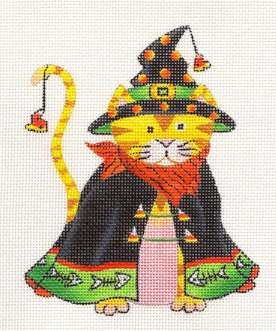 Halloween Cat in Hat and Cape on Handpainted Needlepoint Canvas ~ by Danji Designs