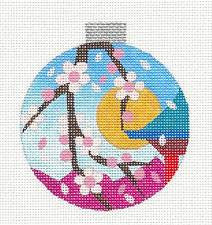 Oriental Round ~ Oriental Cherry Blossoms & Pagoda handpainted Needlepoint Canvas by Raymond Crawford