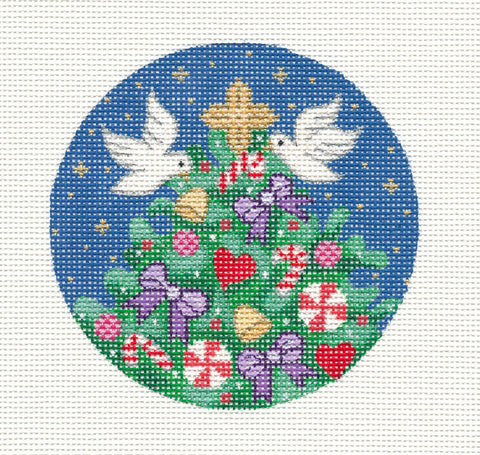 Round ~ Christmas Treetop White Doves 4" Round handpainted Needlepoint Canvas by Amanda Lawford