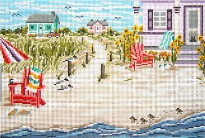 Beach Scene ~ Beachside Cottage by the Sea Scene handpainted Needlepoint Canvas by Needle Crossings