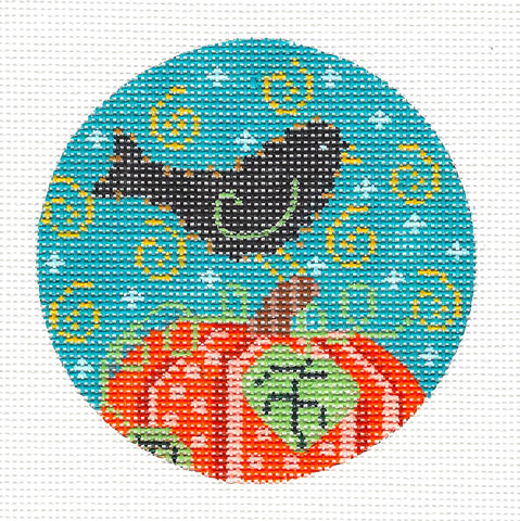 Autumn Bird ~ Black Crow Standing on a Pumpkin Ornament on Handpainted Needlepoint Canvas by CH Designs