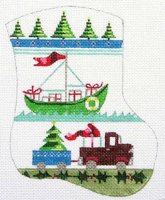 Mini Stocking-Boat and Truck Ornament on Handpainted Needlepoint Canvas by Danji Designs