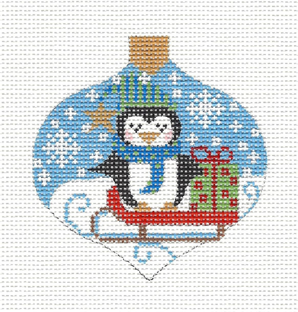 Bauble ~ Penguin on a Sled Ornament on handpainted Needlepoint Canvas by CH Designs