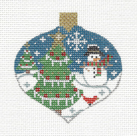Bauble ~ Snowman and Trees Ornament on Handpainted Needlepoint Canvas by CH Designs