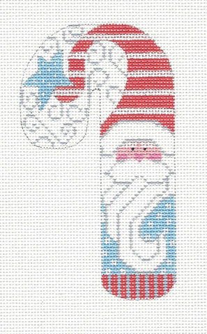 Medium Candy Cane ~ Santa in Blue and Red Ornament on hand painted Needlepoint Canvas from Danji