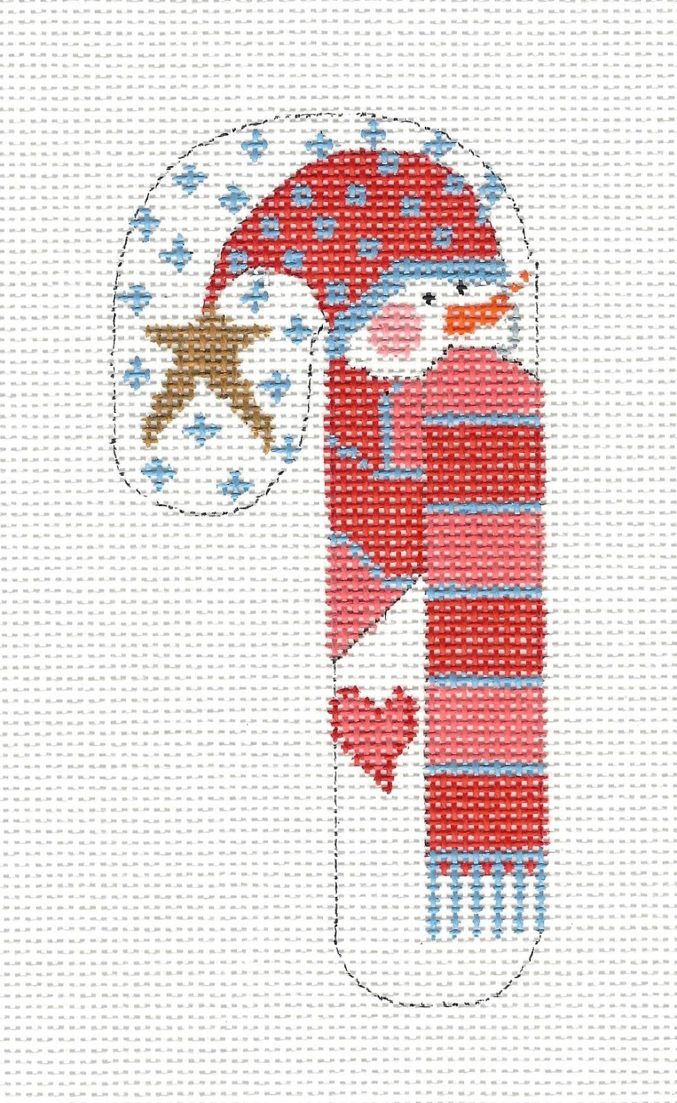 Small Candy Cane Snowman with Red/Peach Scarf on hand painted Needlepoint Canvas~ by Danji Designs