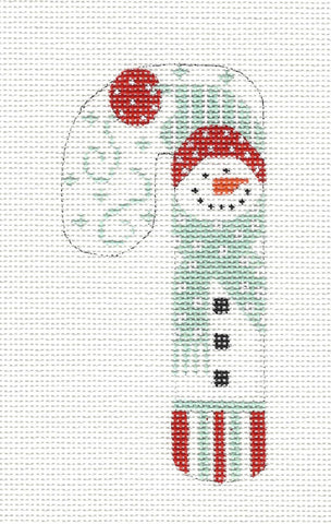 Small Candy Cane Snowman With Red Pom Pom on hand painted Needlepoint Canvas by Danji Designs