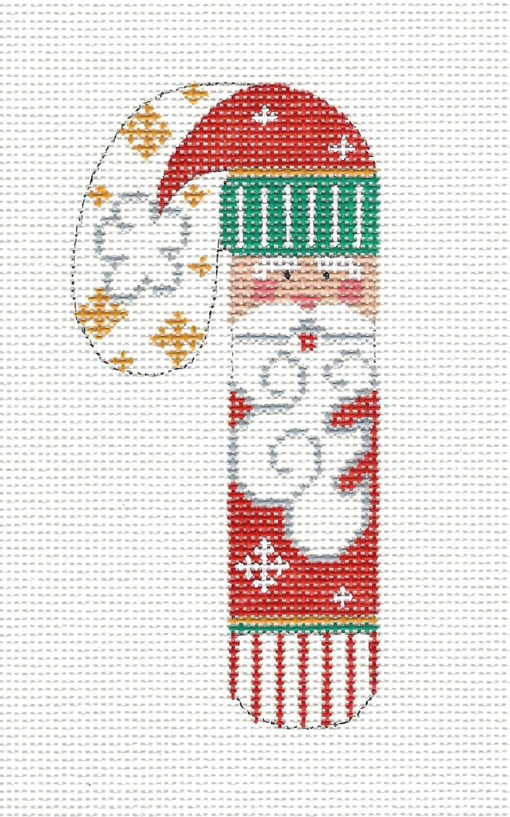 Small Candy Cane ~ Red and Green Santa on hand painted Needlepoint Canvas~ by Danji Designs