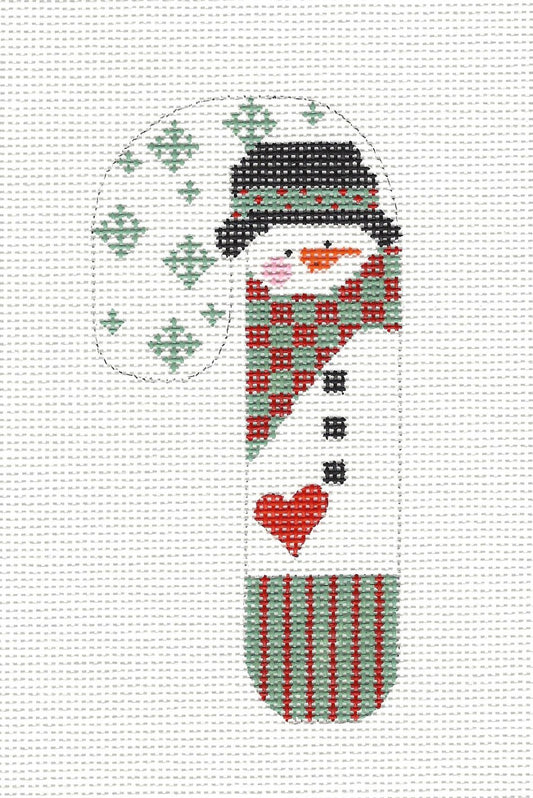 Small Candy Cane ~ Snowman in Checked Scarf & Hat on handpainted Needlepoint Canvas from Danji Designs **SP. ORDER**