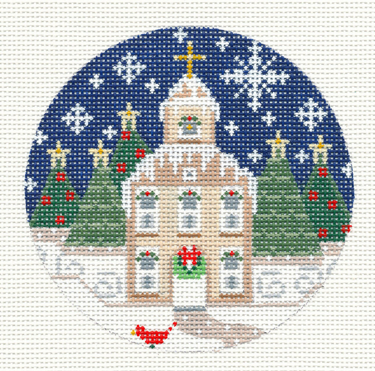 Village Series ~ Christmas Church on a Snowy Eve 18 Mesh handpainted 4" Rd. Needlepoint Canvas by CH Designs