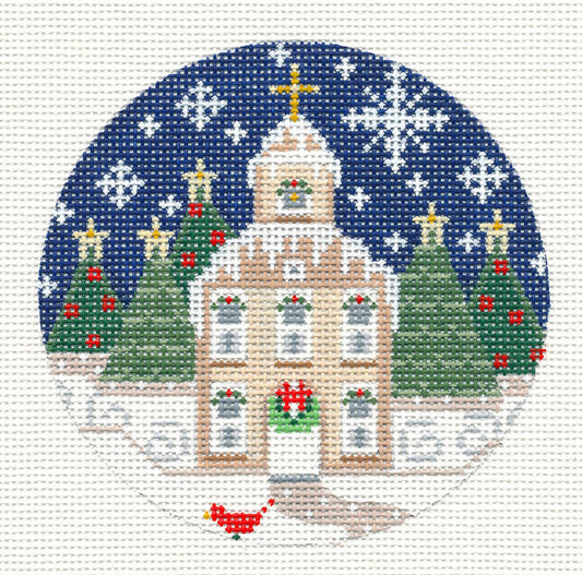 Village Series ~ Christmas Church on a Snowy Eve Handpainted Needlepoint Canvas by CH Designs
