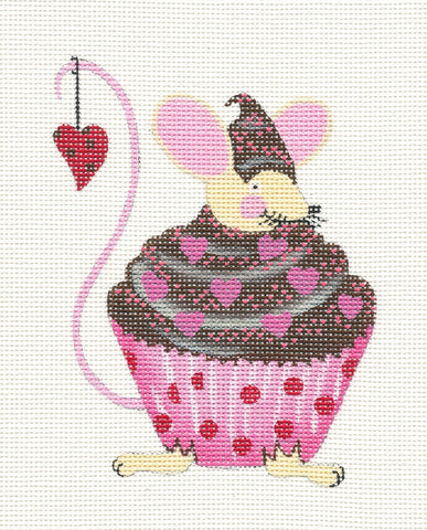 Mouse ~ Hearts Cupcake Mouse with STITCH GUIDE handpainted Needlepoint Canvas by Lainey Daniels from Danji Designs