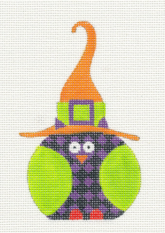Halloween Purple Checked Witch Owl Ornament on Handpainted Needlepoint Canvas
