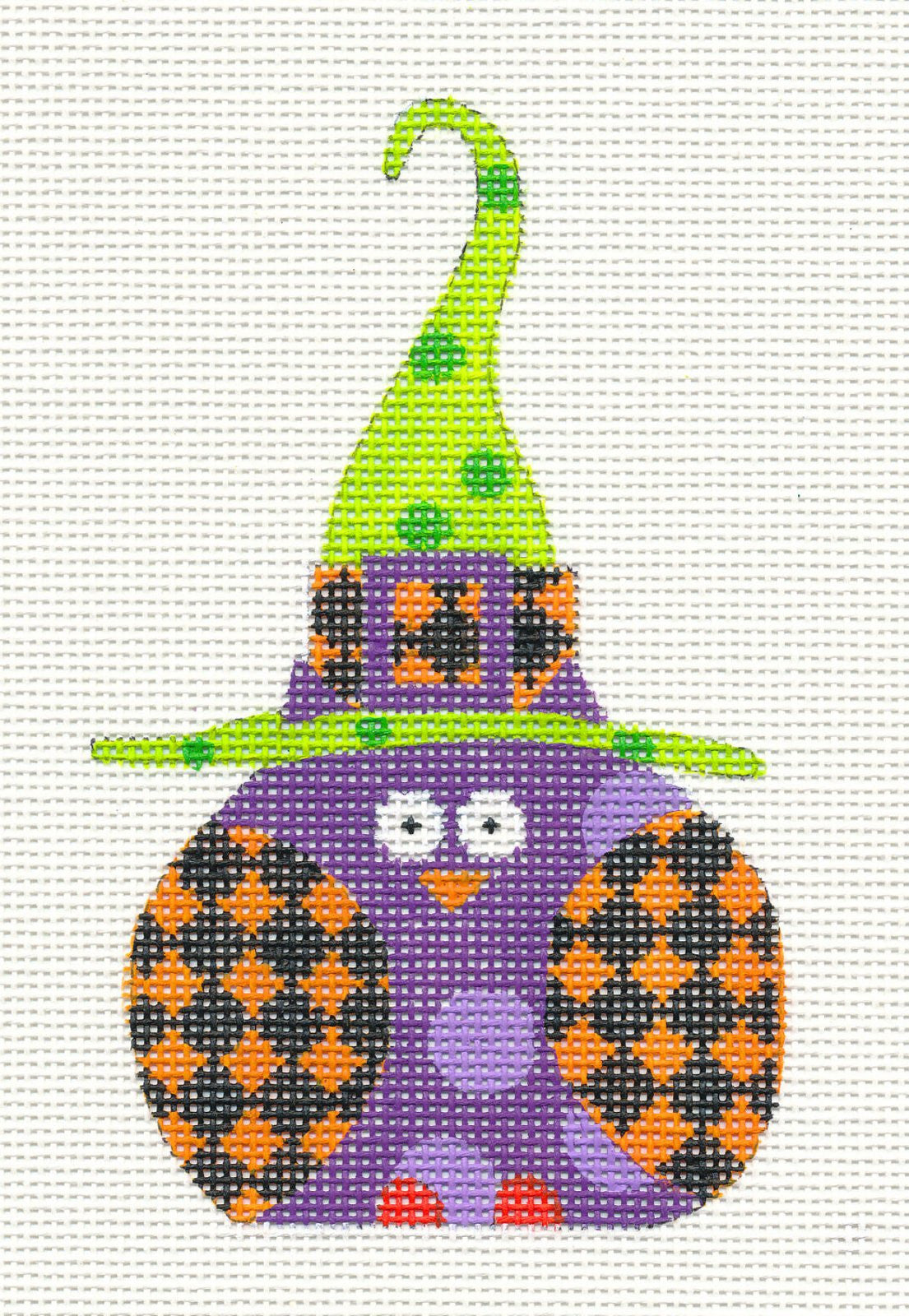 Halloween Orange Checked Witch Owl Ornament on Handpainted Needlepoint Canvas
