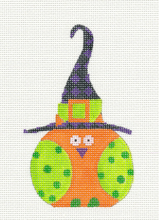 Halloween Orange and Green Witch Owl Ornament on Handpainted Needlepoint Canvas