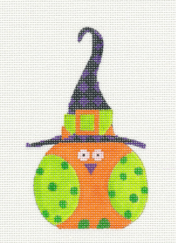 Halloween Orange and Green Witch Owl Ornament on Handpainted Needlepoint Canvas