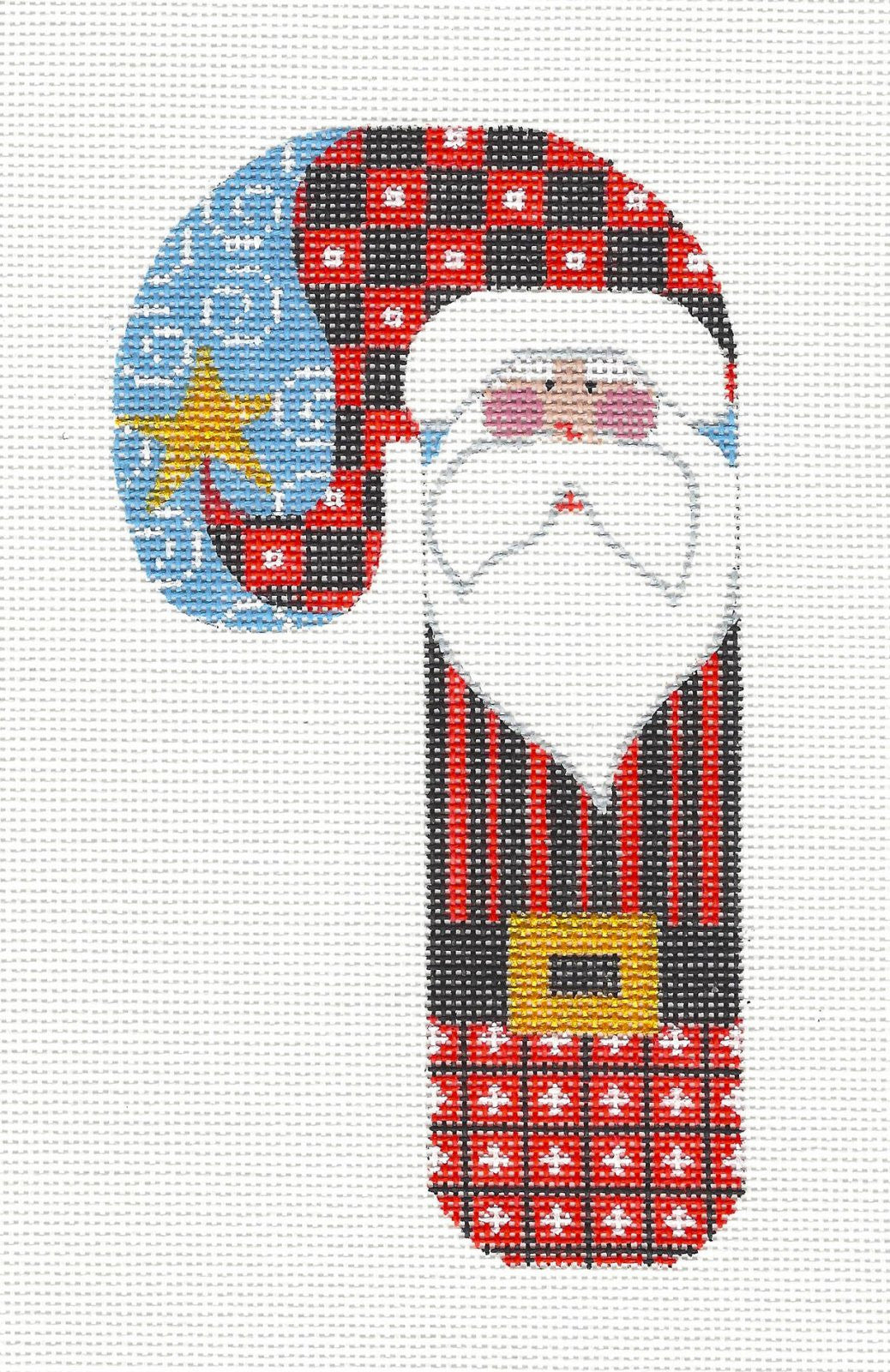 Large Candy Cane ~ Checked Santa Ornament on hand painted Needlepoint Canvas by Danji Designs