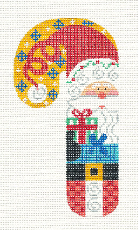 Large Candy Cane ~ Santa with Gift Ornament on hand painted Needlepoint Canvas by Danji Designs
