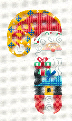 Large Candy Cane ~ Santa with Gift Ornament on hand painted Needlepoint Canvas by Danji Designs
