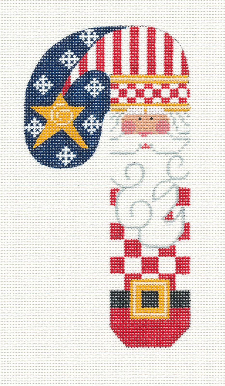 Candy Cane ~ Large Patriotic Santa Red White and Blue Candy Cane Ornament on hand painted Needlepoint Canvas by CH Designs