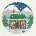 Village Series ~ Christmas Log Cabin House on handpainted 18 mesh 4" Rd. Needlepoint Ornament Canvas by CH Designs
