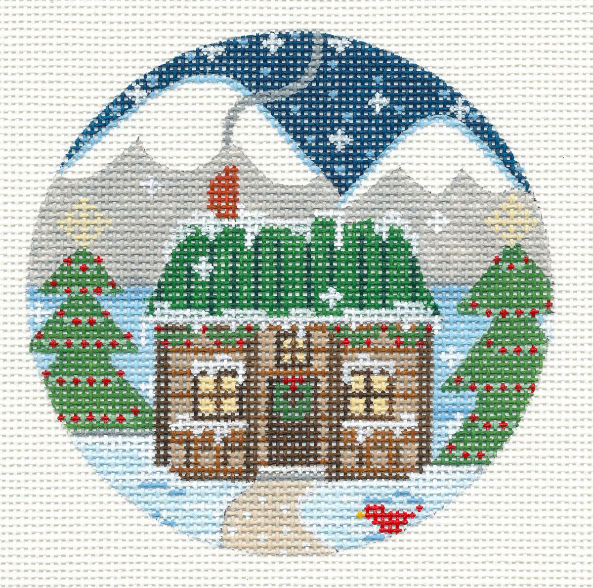 Village Series ~ Christmas Log Cabin House on handpainted 18 mesh 4" Rd. Needlepoint Ornament Canvas by CH Designs