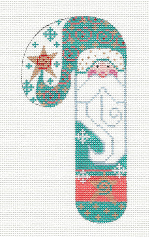 Candy Cane ~ Teal Santa Medium Candy Cane Ornament handpainted Needlepoint Canvas by CH Designs from Danji